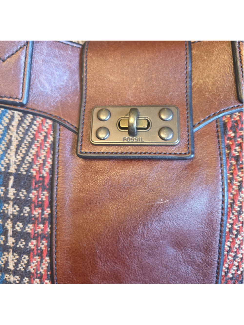 Fossil Leather Vintage And Tweed Satchel Shoulder Tote Bag - Picture 5 of 9